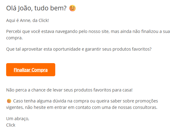 Modelo de mensagem enviada ao cliente